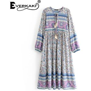 Everkaki Boho Bloemenprint Maxi Jurk Vrouwen Herfst Kwasten Neck Tied Lange Mouw Losse Gypsy Lange Jurken Vrouwelijke Herfst