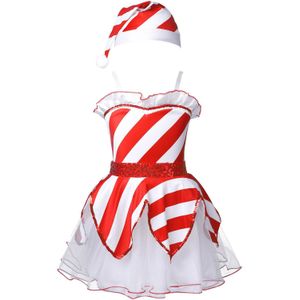 Iiniim Kids Meisjes Kerst Kostuum Ballerina Dancewear Mouwloze Spaghettibandjes Lovertjes Gestreepte Mesh Tutu Jurk Met Hoed