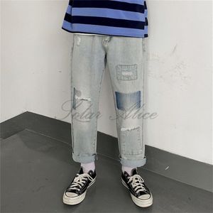 Mannen Voorjaar/Zomer Mid-Taille Rechte Enkellange Lengt Jeans Losse Brede Benen tiener Patch Ripped Casual Broek