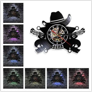 Texas Cowboy Wandklok Western Cowboy Hoed Usa Skyline Symbool Vinyl Record Wandklok 3D Muur Horloges Modern Muur decor