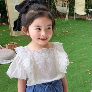 Mode Meisjes Bloemen Borduren Bladerdeeg Mouw Blouses Koreaanse Stijl Puur Katoen Casual Tops Clothings
