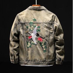 Chinese Stijl Mannen Vintage Crane Geborduurde Katoen Denim Jassen Mannelijke Streetwear Casual Slim Hip Hop Jeans Jasje 5XL 6XL