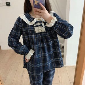 3 Kleur Leuke Plaid Nachtkleding Thuis Set Vrouwen Pyjama Set Kant Strikje Pater Pan Kraag Homewear Lolita Prinses Ruches y182