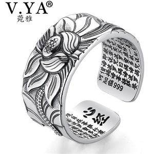 V. Ya 100% Echt 999 Pure Zilveren Sieraden Lotus Bloem Open Ring Voor Mannen Mannelijke Mode Gratis Grootte Boeddhistische Hart Sutra ringen