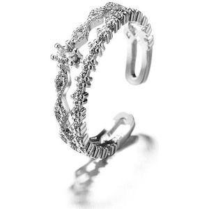 Zilver Kleur Dubbele Geometrie Bloem Patroon Ringen Sparkling Zirkoon Verstelbare Open Ringen Voor Vrouwen Meisje Mode-sieraden