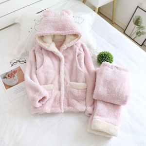 Fdfklak Winter Pijama Maternal Hooded Thicken Warm Pyjama Voor Zwangere Flanel Kleding Voor Moeders