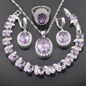 Elegante Paarse Kristallen Sieraden Sets Voor Vrouwen Zilveren Kleur Zirconia Oorbellen Hanger Ketting Ringen Armband QS0461
