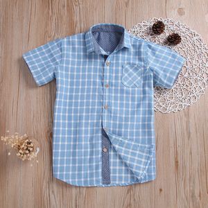 Zomer Jongens Plaid Shirts Zomer Blauwe Plaid Kids Roll Up Blouses Jongens Kleding Katoen Kind Pocket Jongens Kids shirts Tops