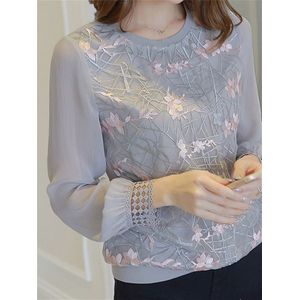 Vrouwen Lange Mouwen Vrouwen Bloemen Borduren O Hals Lace Chiffon Blouses Blusa Dames Casual Shirt Tops DF2289