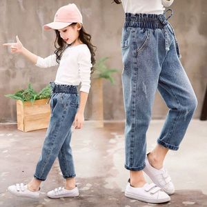 Hoge Taille Jeans Meisje Herfst Kinderen Casual Solid Straight Denim Broek Tiener Enkellange Jean Bottom Broek 3Y-14Y