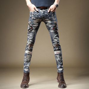 Mannen Jeans Mode Geborduurde Gedrukt Stretch Denim Broek Streetwear Katoen Blauw Straight Slim Fit Broek