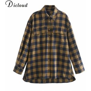 Dicloud Vrouwen Plaid Winter Shirts Met Zakken Casual Lange Mouw Knop Oversize Lange Top Mode Dames Kleding