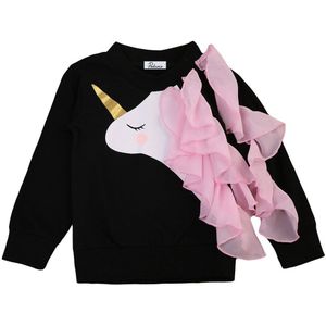 Leuke Pasgeboren Baby Meisjes Lange Mouw 3D Eenhoorn Roze Kant Ruche Lange Mouwen Zwart Tops t-shirt Kleding