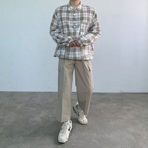 Mannelijke Japan Korea Stijl Streetwear Losse Zomer Dunne Shirt Heren Lange Mouw Casual Trui Geruite Overhemd