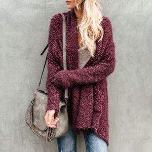 Lange Mouwen Effen Losse Casual Zachte Gebreide Vrouwen Vest Fuzzy Onregelmatige Hem Hals Pocket Herfst Winter Open Voorzijde