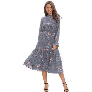 Vangull Bloemen Chiffon Blauwe Jurk Crew Hals Lange Mouw Lotusblad Elastische Hoge Taille Mid-Lengte A-lijn Chic vrouwelijke Jurk