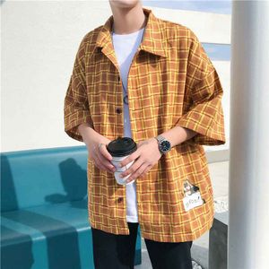 Half Mouwen Mannen Hip Hop Japanse Streetwear Casual Plaid Shirt Man Zomer Mode Harajuku Hawaiian Shirts Voor Jongen
