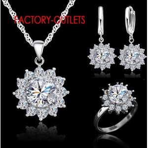 Mode Zon Bloem Zirconia Echt 925 Sieraden Sets Oorbellen Hanger Ketting Ringen Size6-9