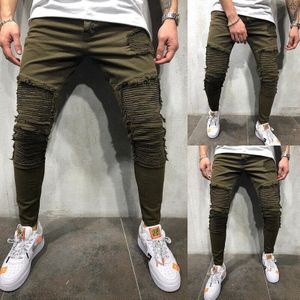 Man Trend Vouw Gaten Leisure Jeans Mannelijke Legergroen Casual Mannen Hip Hop Denim Broek