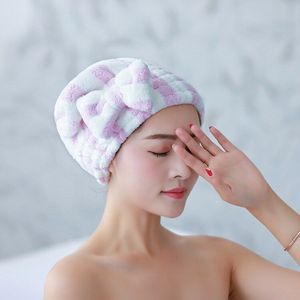 Douche Caps Super Absorberende 1Pcs Droog Haar Handdoek Met Strik Sneldrogende Haar Cap Voor Vrouwen Coral Fluwelen gestreept Patroon