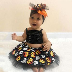 Halloween Meisjes Kleding Baby Kid Baby Meisje Leuke mode Halloween Bandjes Tops + Pompoen Print TuTu Outfits Set