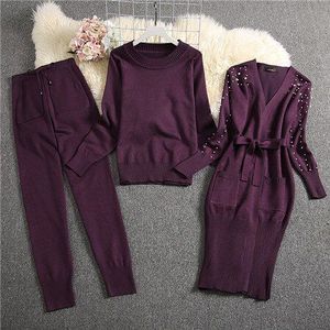 ALPHALMODA Winter Vrouwen Warm 3pcs Breien Suits Lange mouwen Parel Vesten + Trui + Broek Dames Mode 3pcs Set