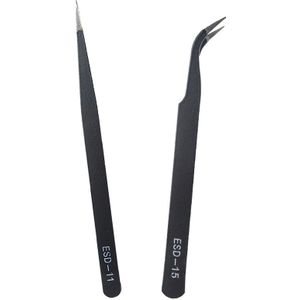 2 Stuks/partij Anti-Statische ESD-11 ESD-15 Tweezer Reparatie Pincet Zwart Elleboog Roestvrij Staal Voor Soldeerstation Handgereedschap
