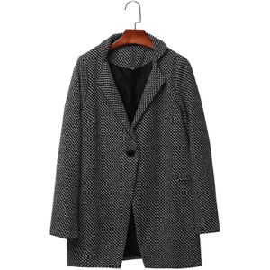 Herfst Winter Pak Vrouwen Jas Houndstooth Wol Blend Coat Single Button Pocket Oversize Lange Geul Bovenkleding Vrouwelijke Wollen Jas