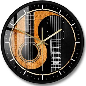 Yin Yang Gitaar Bas Gedrukt Wandklok Akoestische Gitaar Stille Non-Tikkende Muur Horloge Muziek Studio Decor Muzikant Gitarist