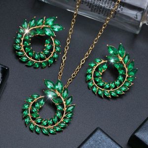 Bruiloft Sieraden Sets Green Rhinestone Crystal Kettingen Voor Vrouwen Gouden Kleur Ronde Cirkel Stud Oorbellen