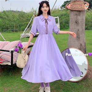 Zomer Koreaanse Sweet Lolita Jurk Contrasterende Kraag Taille Knuffelen Slanke Platycodon Grandiflorum Jurk Midi Vrouwen Jurk