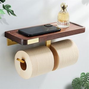 Wandmontage Messing Toiletrolhouder Tissue Papierrolhouder Met Telefoon Opslag Plank Houten Rack Badkamer Accessoires