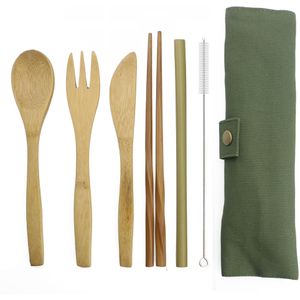 7 Stks/set Straw Keuken Gebruiksvoorwerp Eco-vriendelijke Reizen Herbruikbare Draagbare Bamboe Bestek Set Lepel Vork Eetstokje