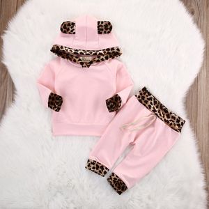 Baby Peuter Pasgeboren Baby Meisje Kleding Leopard Side Roze Jas Hoodie Top Sweatshirt Broek Leggings Outfits Set