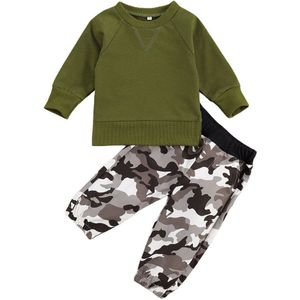 2 Stuks Baby Boy Casual Katoenen Pak, Effen Kleur Ronde Hals Lange Mouw Trui, camouflage Print Losse Broek 0-24M Dagelijks