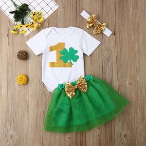 Gloednieuwe Pasgeboren Pasgeboren Baby Meisjes Verjaardag Lucky Outfits 3 PCS Brief 1 Print Wit Romper Tops + Kant tutu Rokken + Hoofdband