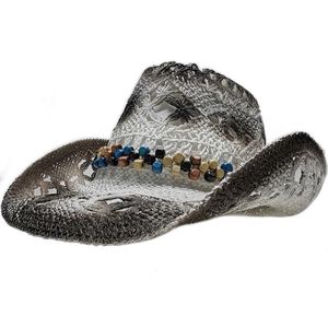 Retro Vrouwen Mannen Hout Bead Band Hollow-Outbaking Verf Cowboy Cowgirl Westerse Zomer Raffia Stro Zon Strand hoed One Size 58Cm