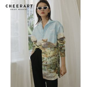 Cheerart Olieverf Fall Vrouwen Blouses Lange Mouwen Button Up Kraag Shirt Grote Print Blouse Mode Kleding