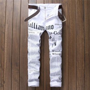 Mannen Jeans Denim Wit Krant Print Ripped Casual Straight Wit Man Grote Maat Broek