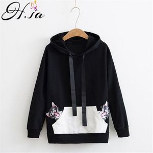 H. SA Nieuwkomers Vrouwen Hooded Truien Dieren Kat Borduurwerk Hooded Pull Katoen Lente Tops Bovenkleding Kat Pull Femme