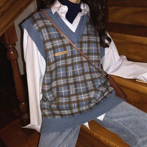 Trui Vest Vrouwen Plaid Vintage Harajuku Street-Wear V-hals Mouwloze Tops Vrouwen Gebreide Trui Losse Casual Femme Veste