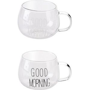 Goedemorgen Zwart Wit Brief Melk Thee Koffie Cup Hittebestendig Glas Ronde Fun Cups Crystal Transparante Mokken Met handvat