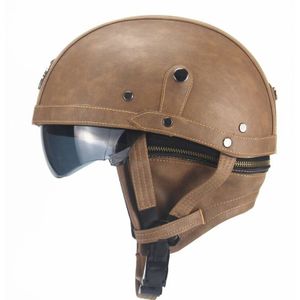 Zwart Volwassen Lederen Helmen Voor Motorfiets Retro Half Cruise Helm Prins Motorhelm Goedgekeurd