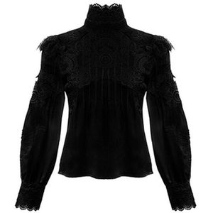 Twotwinstyle Mesh Kant Patchwork Overhemd Vrouwelijke Stand Kraag Lantaarn Mouwen Hollow Out Mode Vrouw Blouses Zomer