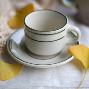 Eenvoudig Keramische Koffie Set Retro Hand Schilderen Groene Lijnen Koffie Kop En Schotel 210Ml Japanse Stijl