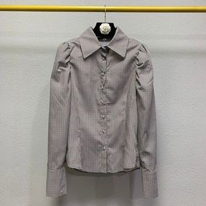 Superaen Franse Bladerdeeg Mouw Polo Kraag Slanke Overhemd Plaid Blouse Vrouwen