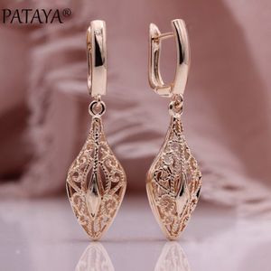 Pataya Carve Bloem Lange Oorbellen Vrouwen Unieke Fijne Bruiloft Sieraden 585 Rose Goud Holle Kegel Dangle Oorbellen