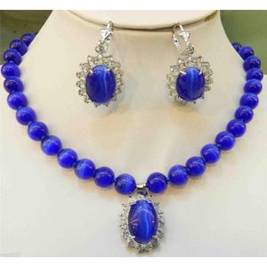 Afrikaanse kralen sieraden set gem Blauw Mexicaanse Opal Ronde Kralen Edelstenen Hanger Ketting Oorbel Set 18 ""Quartz Fijne vrouwen koningin