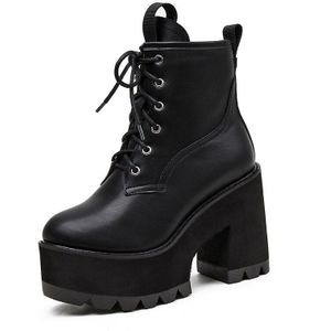 Gdgydh Vrouwen Schoenen Lente Herfst Vierkante Hak Schoeisel Hoge Hakken Enkellaarsjes Platform Black Punk Lace Up