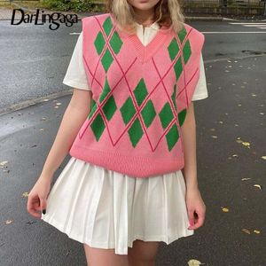 Darlingaga V-hals Roze Y2K Vintage Argyle Vrouw Truien Knit Casual Preppy Stijl Jumpers Herfst Trui Plaid 90S Trui vest